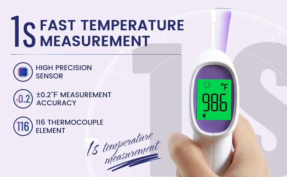 No-Touch Digital Forehead Thermometer, Infrared Thermometer for Adults, Kids & Babies, 1 Second Measurement, Fever Alert and 35 Sets Memory, Purple - thermometer