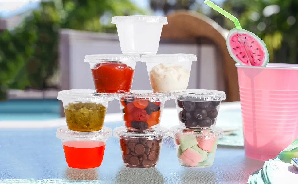 100 Sets 5.5 oz Small Plastic Containers with Lids, Jello Shot Cups with Lids, Disposable Portion Cups, Condiment Containers with Lids, Souffle Cups for Sauce and Dressing 100 5.5 oz. - pyramid