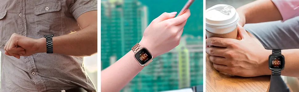 Fintie Metal Band Compatible with Fitbit Versa 2, Versa, Versa Lite Edition, Solid Stainless Steel Strap Replacement Wristband Business Bracelet Compatible with Fitbit Versa Smartwatch Black - fitbit versa 2 versa metal band