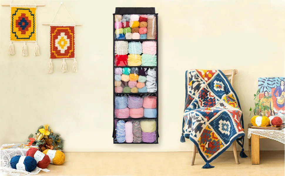 Hanging Yarn Storage Knitting Organizer Storage with 5 Compartments, Clear Wall Display Bulky Yarn Organizer for Knitting Needles, Crochet Hooks(Large Size) (Black) - product information 7