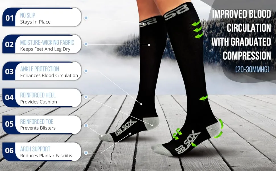 SB SOX Compression Socks (20-30mmHg) for Men & Women  Best Compression Socks for All Day Wear, Better Blood Flow, Swelling! (Large, Black/Gray) Large Black/Gray - compression socks for women compression socks compression socks men compression stockings for women