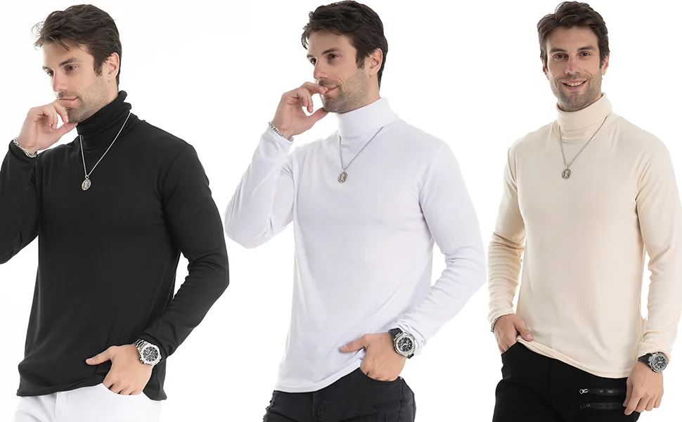 Men Slim Fit Lightweight Long Sleeve Pullover Top Turtleneck T-Shirt Red & Black Large - product information 5