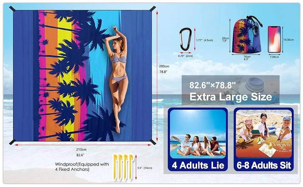 BeeGreen Sandproof Beach Blanket with Corner Pockets & 4 Stakes Lightweight for Vacation Travel Camping Blue Tree - Extra Large Size