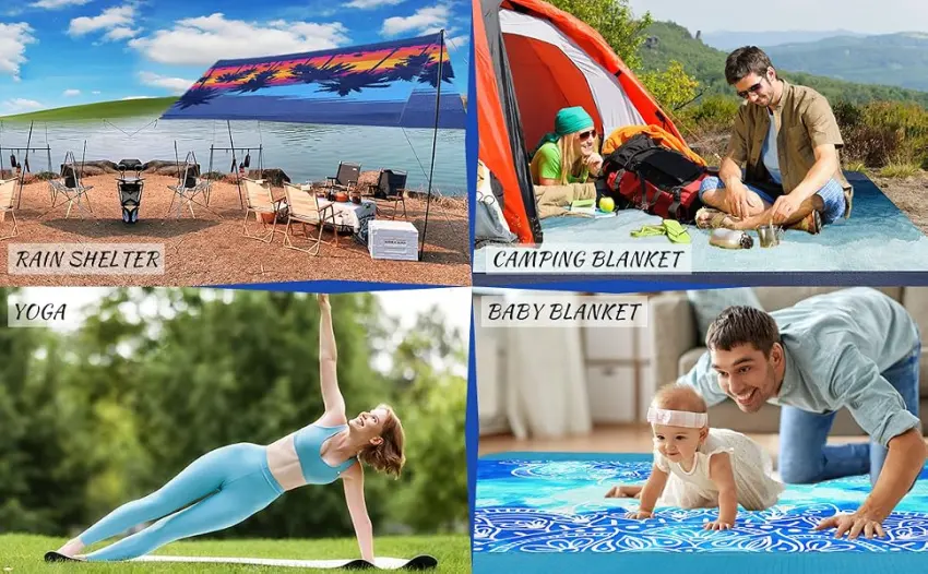 BeeGreen Sandproof Beach Blanket with Corner Pockets & 4 Stakes Lightweight for Vacation Travel Camping Blue Tree - product information 2