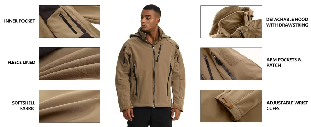 TACVASEN Men's Special Ops Tactical Jacket Water-Resistant Softshell Hiking Detachable Hoodie Fleece Jacket X-Large Green - 057-3