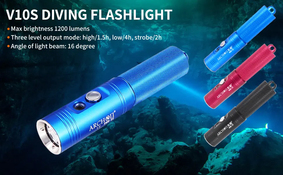 ARCHON V10S Scuba Diving Flashlight 1200 Lumens Waterproof Dive Light with Power Indicator Narrow Beam and USB Charger Black Torch for Underwater Lighting - V10S-5