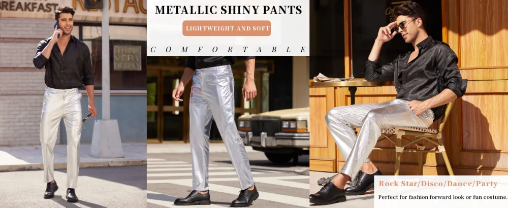COOFANDY Mens Metallic Shiny Jeans Party Dance Disco Nightclub Pants Straight Leg Trousers Mature Black Medium - product information 19