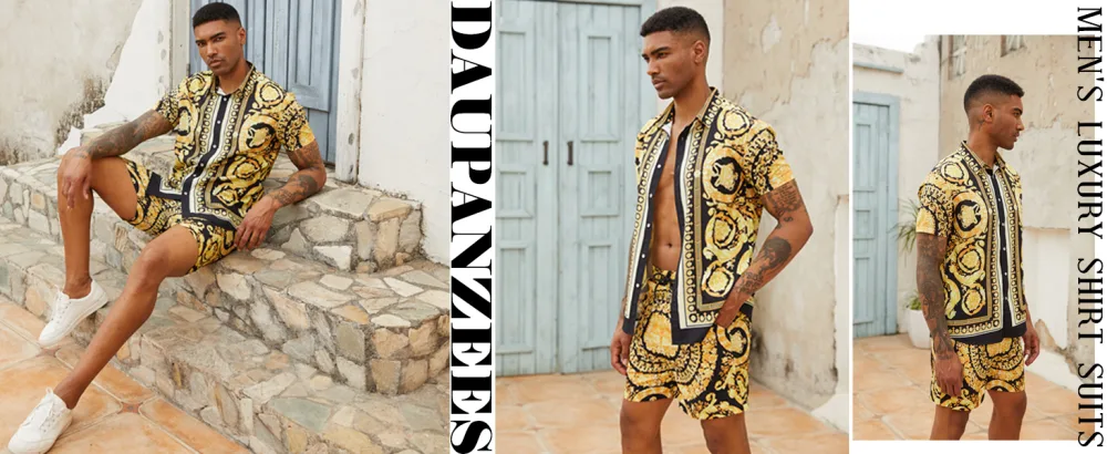 Daupanzees Men's Luxury Casual Button Down Short Sleeve Hawaiian Shirt Suits Gold X-Large - product information 15