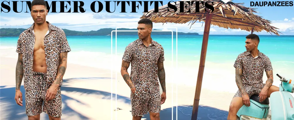 Daupanzees Men's Luxury Casual Button Down Short Sleeve Hawaiian Shirt Suits Gold X-Large - Leopard Outfits
