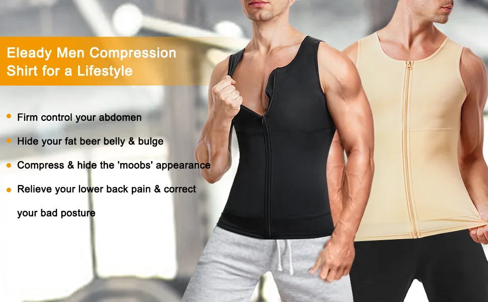 Eleady Men's Compression Shirt Undershirt Slimming Body Shaper Athletic Workout Shirts Tank Top Sport Vest with Zipper Large Black - product information 19