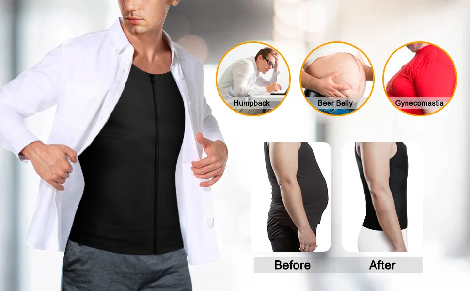 Eleady Men's Compression Shirt Undershirt Slimming Body Shaper Athletic Workout Shirts Tank Top Sport Vest with Zipper Large Black - product information 20