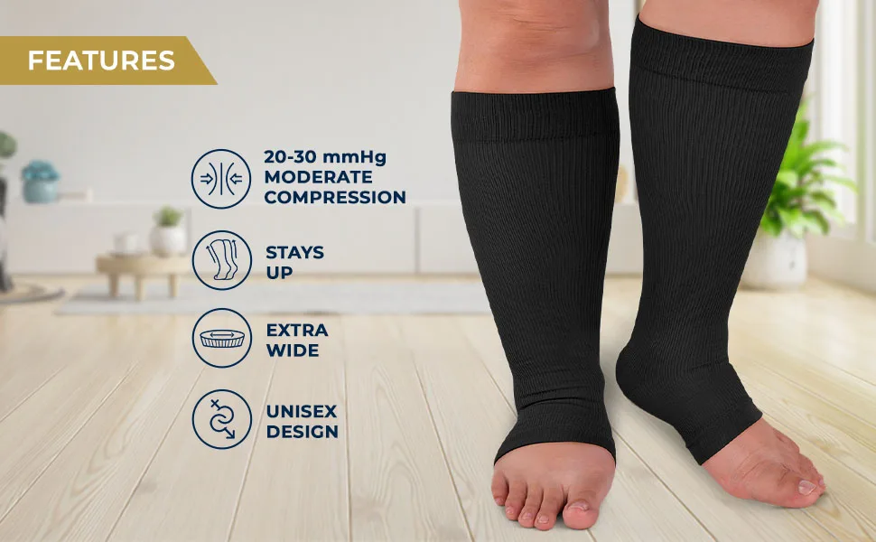 Pembrook Toeless Compression Socks Wide Calf for Women and Men - 20-30mmHg | 6XL Plus Size Compression Socks for Women 4X-Large Black - compression open toe socks women