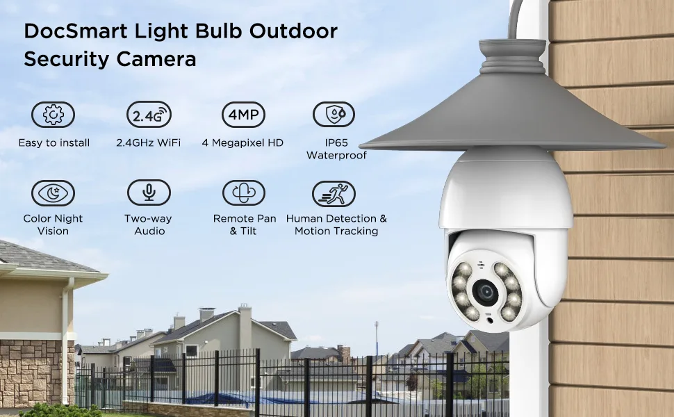 DocSmart Light Bulb Security Cameras, 2K Outdoor Wireless 360Pan/Tilt IP Light Socket Cameras for Home Security with IP65 Color Night Vision Auto Tracking Siren Alarm Two Way Audio 2.4GHz - light bulb camera