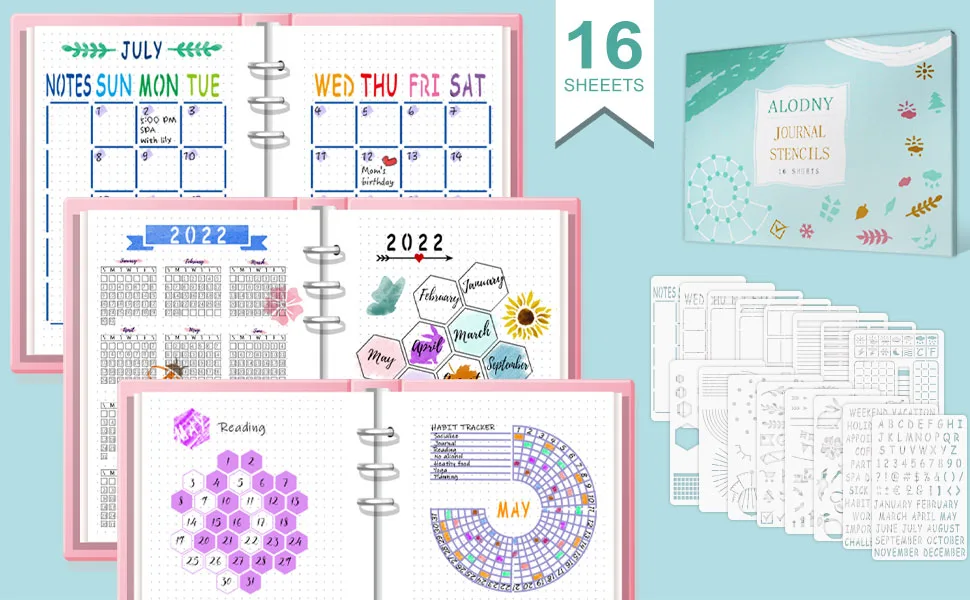 16Pcs Journal Stencils Set - Time Saving Bullet Journaling Supplies/Accessories Kit -Ultimate Productivity Planner Stencil for Bullet Journal Stencils A5 Dotted Journals - Journal Stencils Set- Time Saving Planner Supplies/Accessories Kit