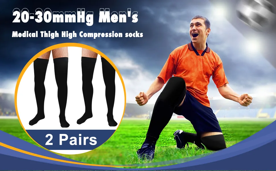 2 Pairs Thigh High Men's Compression Socks 20-30 mmHg Compression Stockings with Silicone Grip Men's Dress Socks for Swelling Closed Toe Medium - product information 1