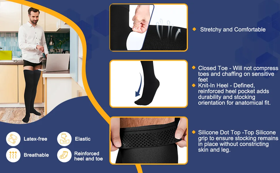 2 Pairs Thigh High Men's Compression Socks 20-30 mmHg Compression Stockings with Silicone Grip Men's Dress Socks for Swelling Closed Toe Medium - product information 2