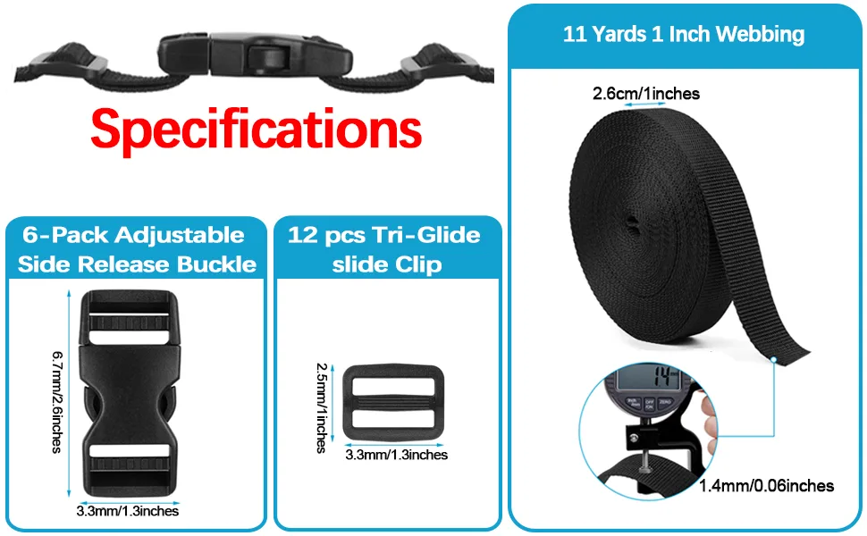 Buckle Straps 1 Inch, Webbing Straps Polypropylene 11 Yards, 6 PCS Adjustable Side Release Plastic Buckles, 12 PCS Tri-Glide Slide Clip, Heavy Duty Straps with Buckles - Buckle Straps 1 Inch Webbing Straps 11 Yards 6 PCS Adjustable Side Release Plastic Buckles 12 PCS