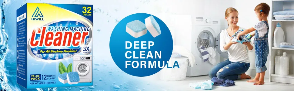 HIWILL Washing Machine Cleaner Effervescent Tablets, 32 Solid Deep Cleaning Tablet, Triple Decontamination Natural Biological Formula, for All Machines Including HE, No More Stinky Grimy Washer - Deep clean formula