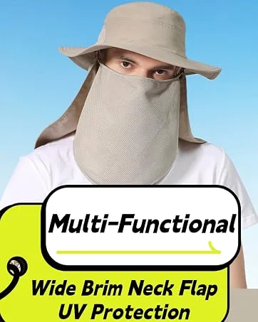 Home Prefer Mens UPF 50+ Sun Protection Cap Wide Brim Fishing Hat with Neck Flap Light Gray - 511 sun hat