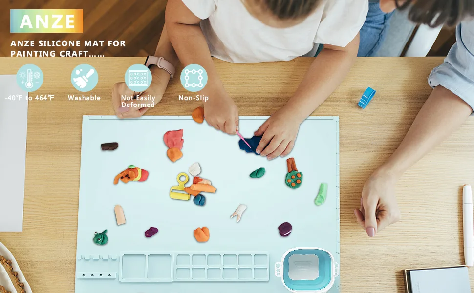 Silicone Craft Mat with Removable Cup, Non Stick Craft Silicone Mat for Art, Paint, Resin Casting Clay, DIY, Drawing and Play Doh Multifunction 20"x16" Blue - Blue silicone mat with magnetic water cup