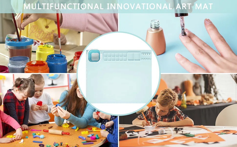 Silicone Craft Mat with Removable Cup, Non Stick Craft Silicone Mat for Art, Paint, Resin Casting Clay, DIY, Drawing and Play Doh Multifunction 20"x16" Blue - multifunctional silicone artist mat with cup