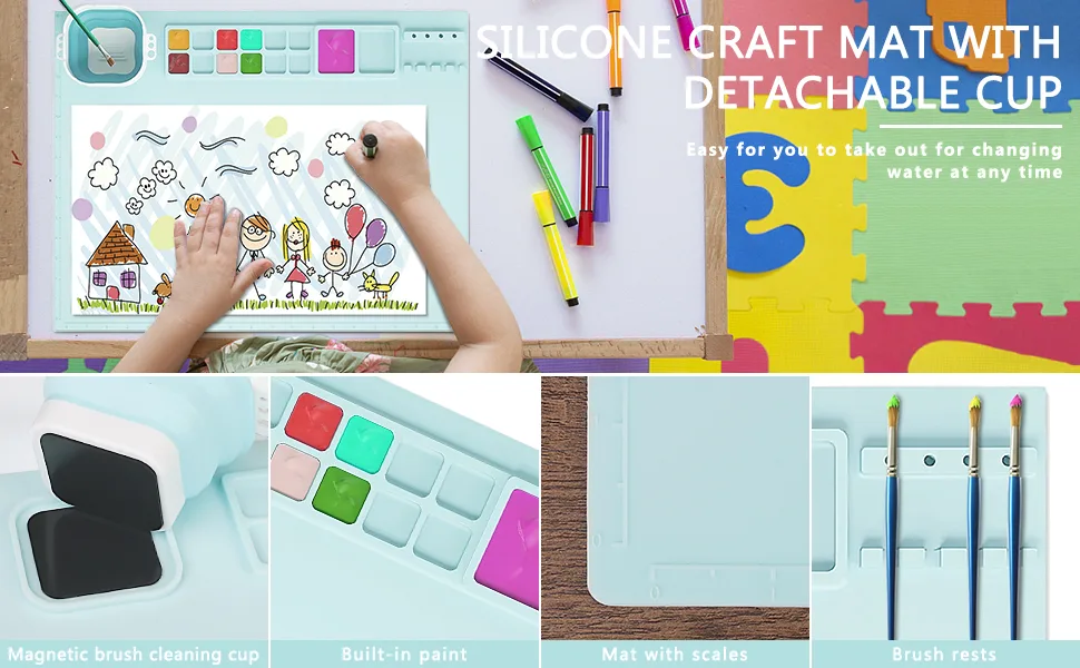 Silicone Craft Mat with Removable Cup, Non Stick Craft Silicone Mat for Art, Paint, Resin Casting Clay, DIY, Drawing and Play Doh Multifunction 20"x16" Blue - silicone mats for crafts with detachable cup