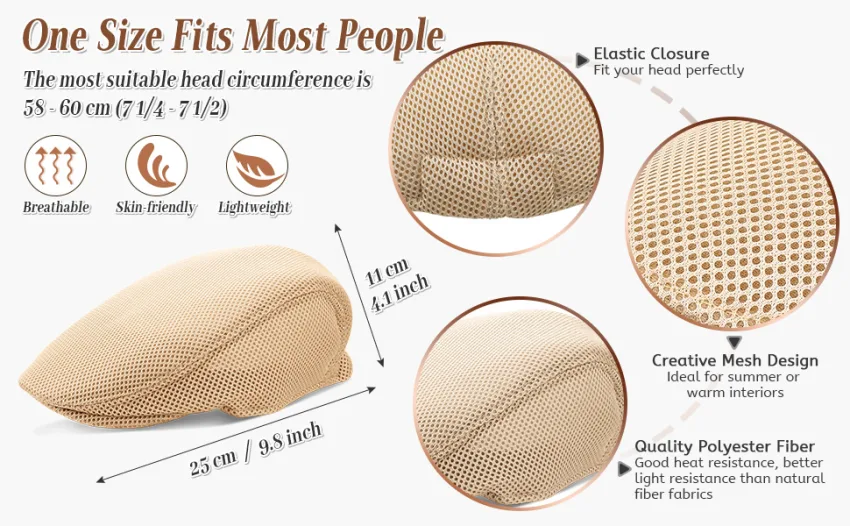 Mens Mesh Flat Cap Breathable Summer Newsboy Hat Cabbie Flat Cap Elegant Colors 4 - product information 3