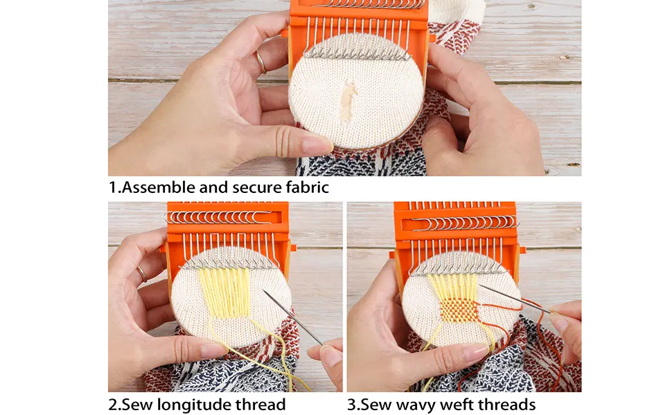 Caydo 14 Hooks Speedweve Darning Mini Loom Machine with 50 Color Darning Threads for Beginners Quickly Mending Jeans Socks, Mini Weave Tool for DIY Artful Patterns, Repair Clothes - Caydo 14 Hooks Darning Mini Loom Machine with 50 Color Darning Threads