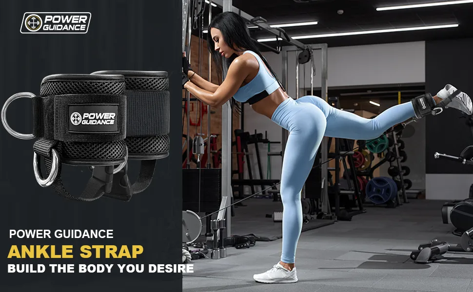 POWER GUIDANCE Ankle Strap for Cable Machine Professional Kickback Ankle Strap for Glute Workouts, Leg Extensions - Adjustable Strap with D-Rings Black - Pair - ankle strap
