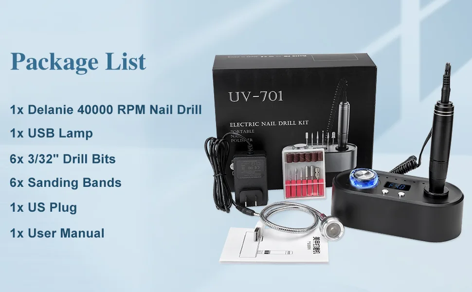 Delanie 40000 RPM Professional Nail Drill Machine for Acrylic Nails, Gel Nails, Electric Nail File E File with Light Manicure Tool, Black - nail drill with light lamp