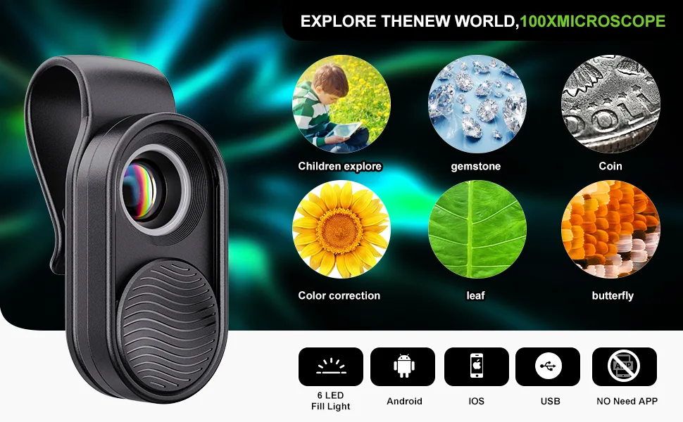 Phone Microscope - 100X Mini Pocket Microscope with LED Light/Universal Clip - Opqpq Portable Microscope for Micro World for Kids Adults, Compatible with iPhone/Andriod Phone/Ipad Black-Wireless Microscope - microscope digital lcd coin usb video soldering electronic micro scope magnifier screen pcb camera