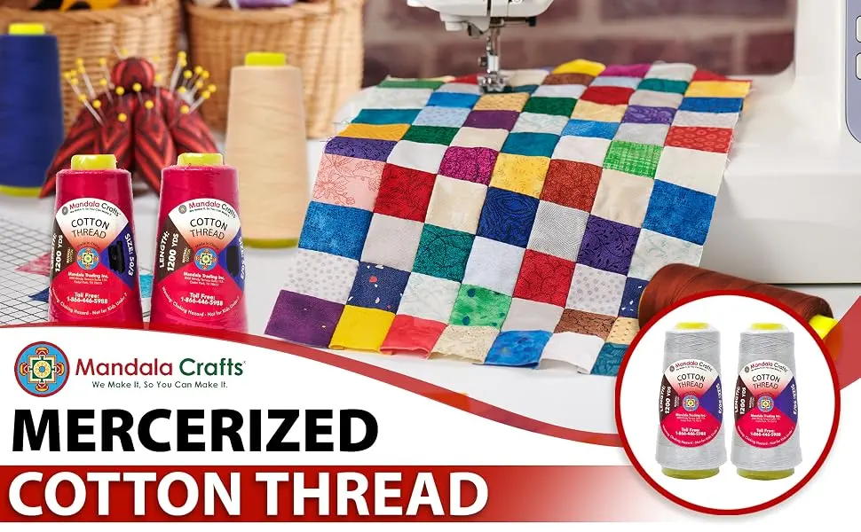 Mandala Crafts White Mercerized Cotton Thread for Sewing Machine Hand Sewing - 50WT Cotton Cone Sewing Thread - 2400 YDs 50S/2 Machine Quilting Thread Cotton Embroidery Thread 2 Rolls 2400 Yards White - Mercerized Cotton Thread Quilting Thread All Purpose Thread for Sewing Machine Serger Embroidery