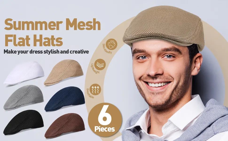 Geyoga 6 Pieces Men's Mesh Flat Cap Breathable Summer Newsboy Hat Cabbie Flat Cap Blue, Black, White, Brown, Light Gray, Khaki - product information 1