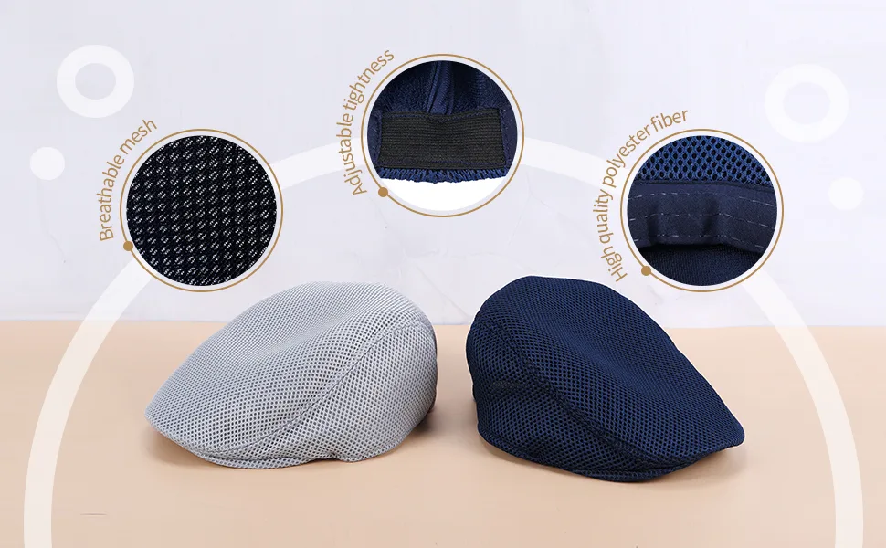 Geyoga 6 Pieces Men's Mesh Flat Cap Breathable Summer Newsboy Hat Cabbie Flat Cap Blue, Black, White, Brown, Light Gray, Khaki - product information 2