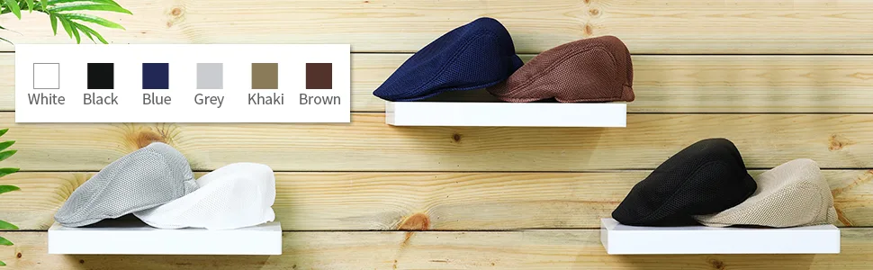 Geyoga 6 Pieces Men's Mesh Flat Cap Breathable Summer Newsboy Hat Cabbie Flat Cap Blue, Black, White, Brown, Light Gray, Khaki - product information 3
