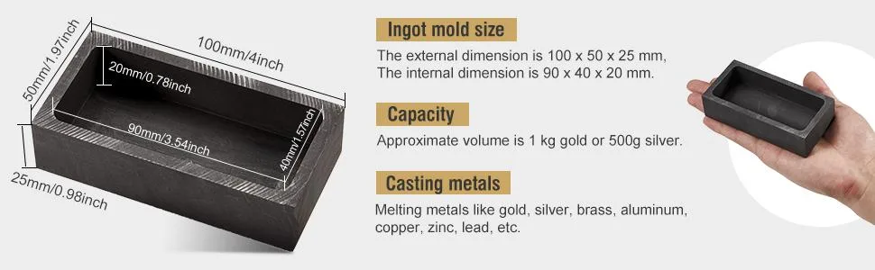 2 Pieces Graphite Ingot Mould Crucible Mould for Casting Gold Silver Metal Aluminum Copper Brass Melting Refining (4 x 2 x 1 Inch) - product information 2