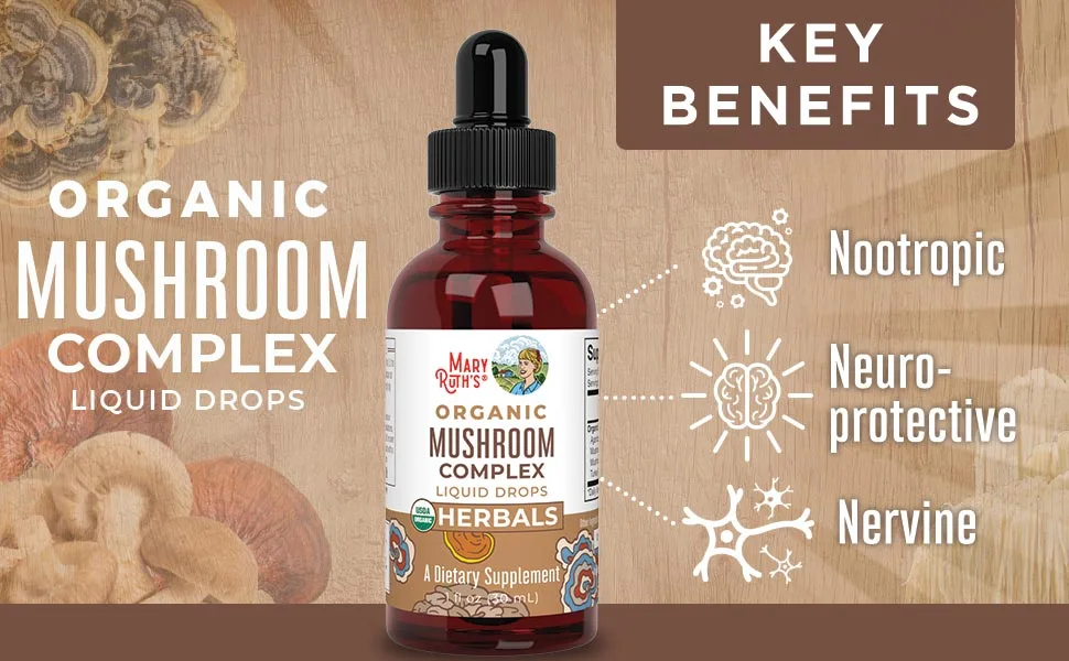 USDA Organic Mushroom Complex by MaryRuth's | Herbal Liquid Drops | Immune Support, Cognitive Function, Stress Relief, Overall Wellness | Non-GMO, Vegan, Alcohol Free Tincture | 1 oz, 30 Servings - Mushroom Complex Herbal Liquid Drops