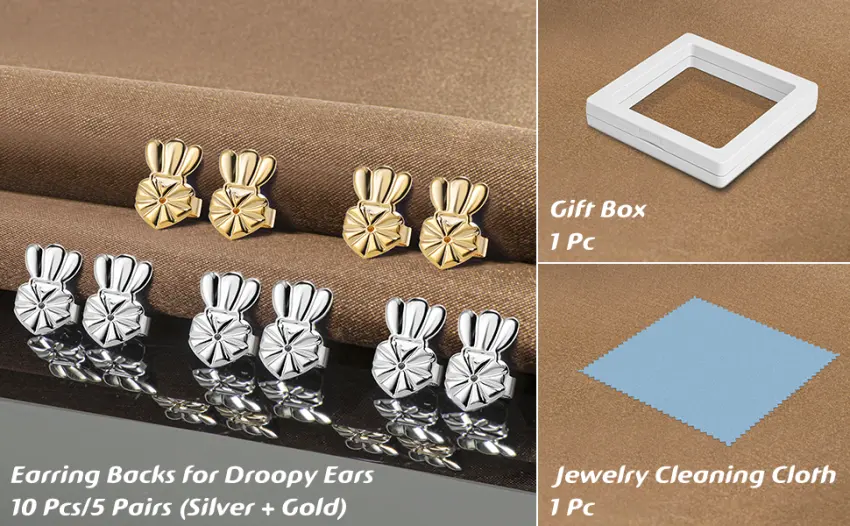 10 Pcs/5 Pairs Earring Backs for Studs, Droopy Ears and Heavy Earring, Upgraded Heavy Earring Support Backs, Tiara Earring Backs to Prevent Drooping, Hypoallergenic Earring Lifters (Silver + Gold) - package includes