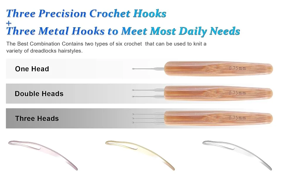 6PCS Dreadlock Crochet Needle for Dreadlocks, Durable 0.75mm Dreadlock Crochet Hooks for Hair with Interlocking Tool, Excellent for Maintaining Real Dread Loc - Three precision crochet hooks and three matal hooks to meet most daily needs