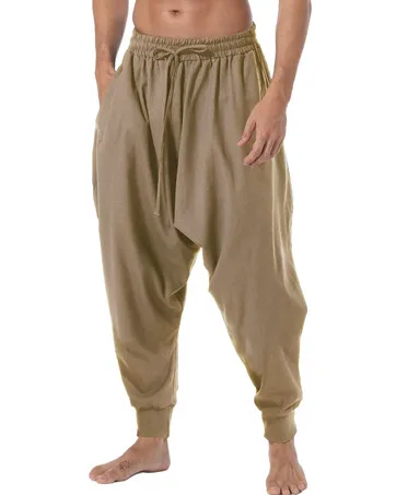 AITFINEISM Mens Cotton Baggy Hippie Boho Gypsy Aladdin Yoga Harem Pants Large Brown - Harem Pants