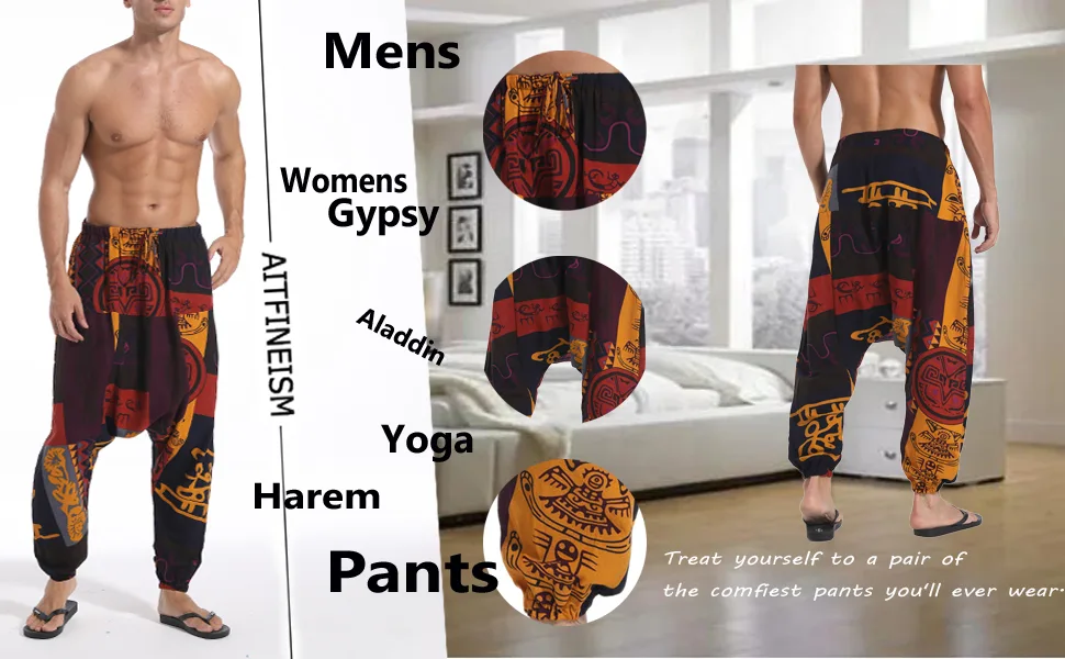 AITFINEISM Mens Cotton Baggy Hippie Boho Gypsy Aladdin Yoga Harem Pants Large Brown - harem pants