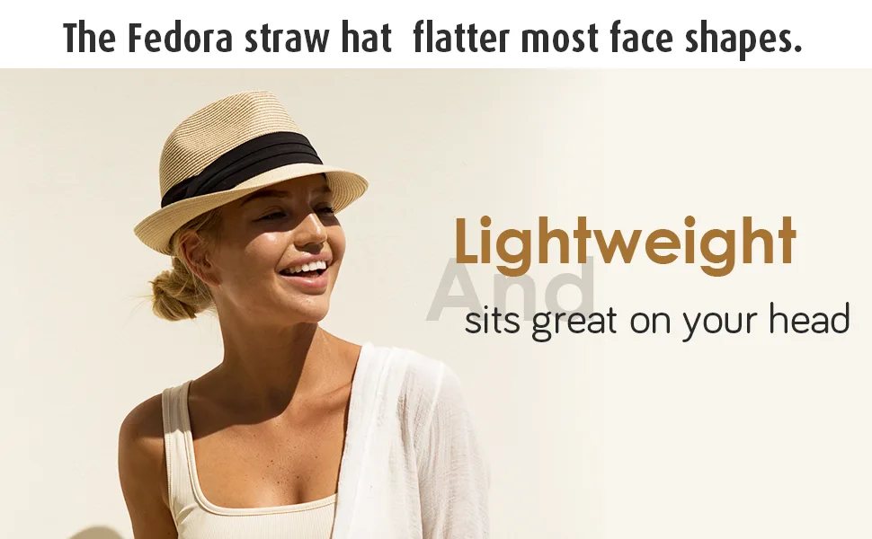 FURTALK Fedora Straw Sun Hat for Men Women Foldable Roll Up Short Brim Trilby Hat Panama Beach Hat UPF 50+ Beige Medium-Large - fedora hat