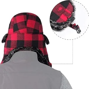 ONWAY Buffalo Plaid Aviator Fur Trapper Hat Ushanka Eskimo Russian Bomber Hat with Ear Flaps for Women Men Red - product information 2