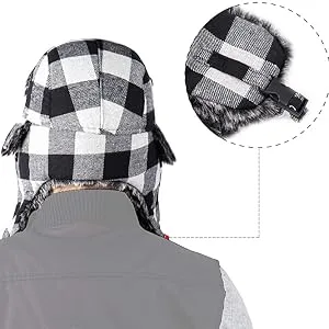 ONWAY Buffalo Plaid Aviator Fur Trapper Hat Ushanka Eskimo Russian Bomber Hat with Ear Flaps for Women Men Red - product information 6