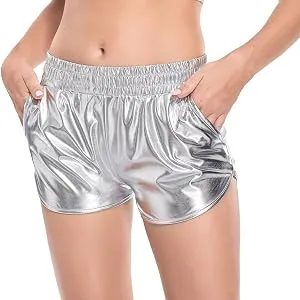 Fenyong Women's Metallic Shorts Shiny Pants with Elastic Waist Hot Rave Dance Clothing Pink Medium - shorts