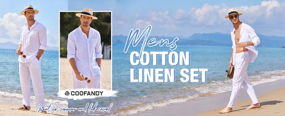 COOFANDY Linen Sets For Men 2 Piece Button Down Shirt Long Sleeve And Casual Beach Drawstring Waist Pants Summer Outfits A-white XX-Large - product information 1
