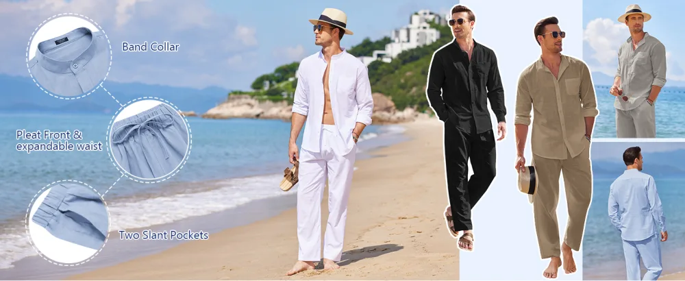 COOFANDY Linen Sets For Men 2 Piece Button Down Shirt Long Sleeve And Casual Beach Drawstring Waist Pants Summer Outfits A-white XX-Large - product information 4