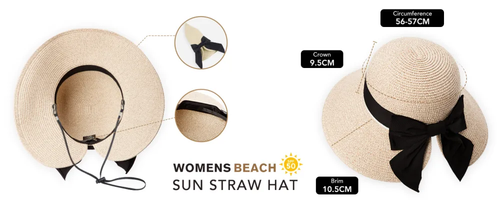 Comhats Womens Floppy Summer Sun Beach Straw Hat UPF50 Foldable Wide Brim 55-60cm 89015_beige Small - product information 14