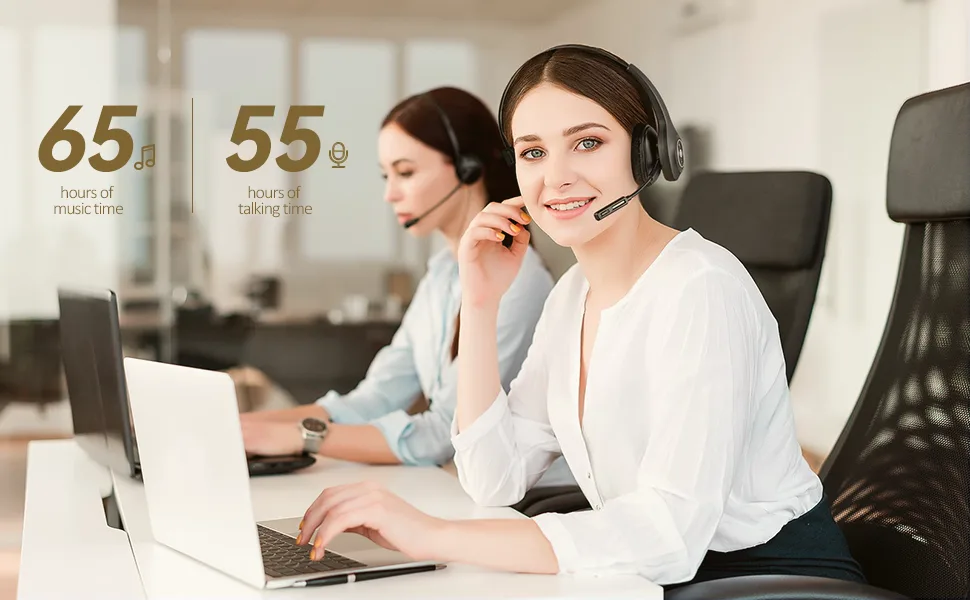 PrancyBt Trucker Bluetooth Headset, Wireless Headset with Microphone for PC, Bluetooth Headset with Microphone Noise Cancelling, Mute Button, 55H Talk Time, for Cell Phones, Computer, Truck Drivers - A beautiful call center professional wearing a wireless headset with microphone for pc