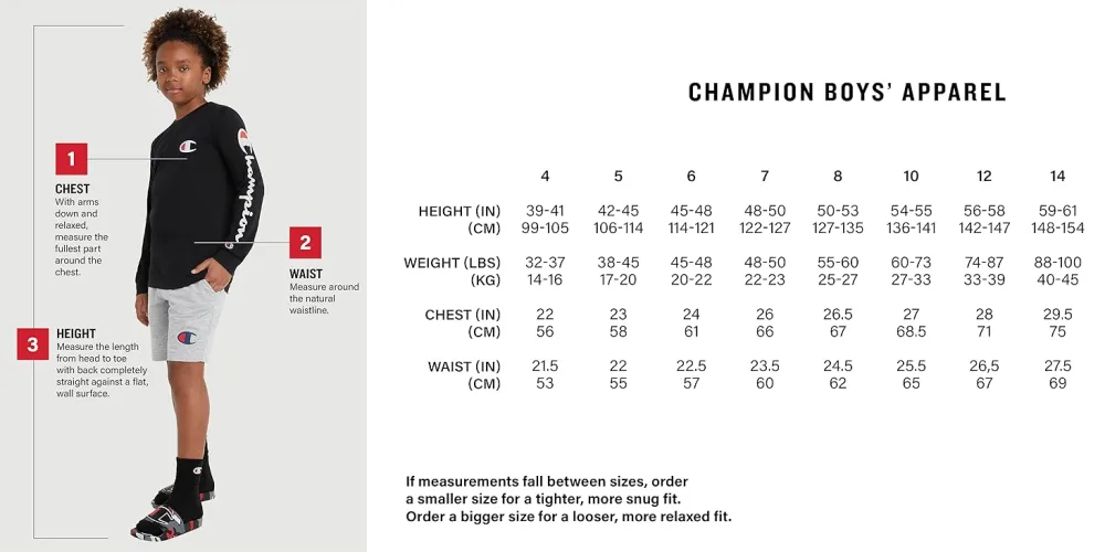 Champion Boys Shorts, Athletic Shorts for Boys, Lightweight Shorts for Kids, Graphics, 8" Big Boys 10-12 Navy/White Script - champion boys size chart